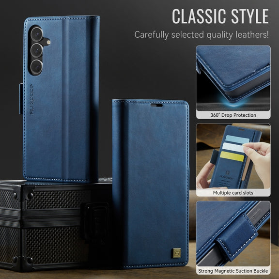 For Samsung Galaxy S25 5G AutSpace A11 Side Buckle MagSafe Magnetic RFID Phone Leather Case(Blue)