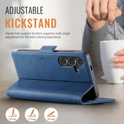 For Samsung Galaxy S25 5G AutSpace A11 Side Buckle MagSafe Magnetic RFID Phone Leather Case(Blue)