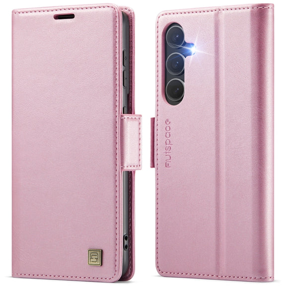 For Samsung Galaxy S25 5G AutSpace A11 Side Buckle MagSafe Magnetic RFID Phone Leather Case(Rose Gold)