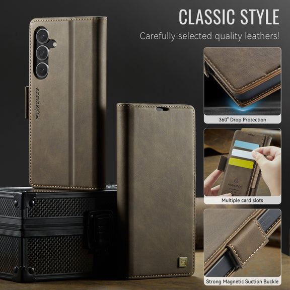 For Samsung Galaxy S25 5G AutSpace A11 Side Buckle MagSafe Magnetic RFID Phone Leather Case(Coffee)