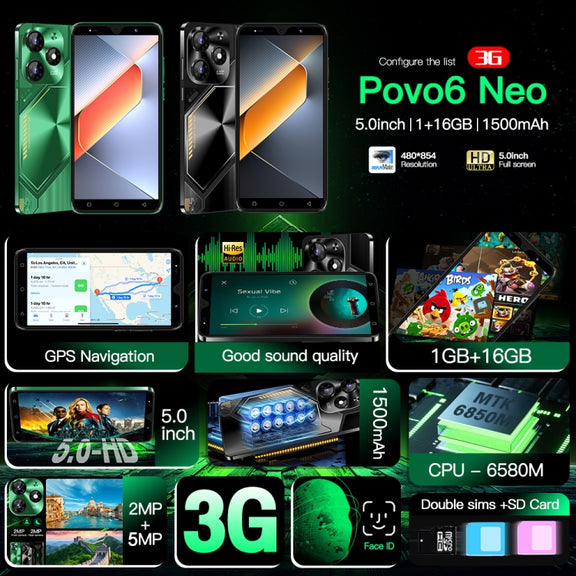 Povo6 Neo / DP29, 1GB+16GB, Face Identification, 5.0 inch Android 8.1 MTK6580M Quad Core, Network: 3G, Dual SIM, Plug:EU Plug(Green)