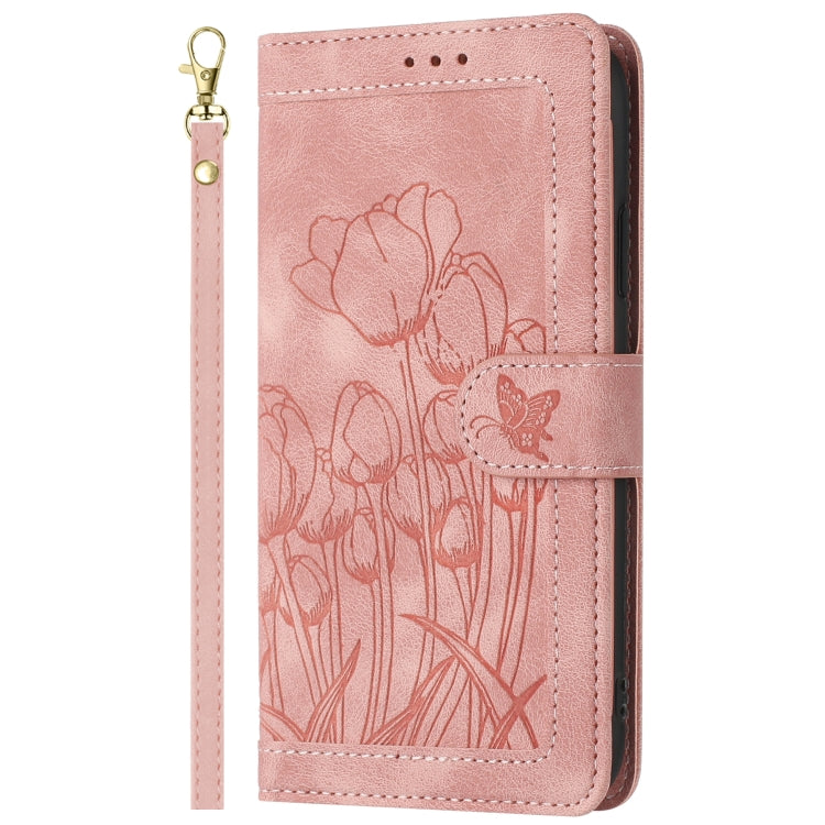 For iPhone 16e Tulips Embossed Leather Phone Case with Lanyard(Pink) - iPhone 16e Cases by PMC TechLife | Online Shopping South Africa | PMC TechLife | Buy Now Pay Later Mobicred