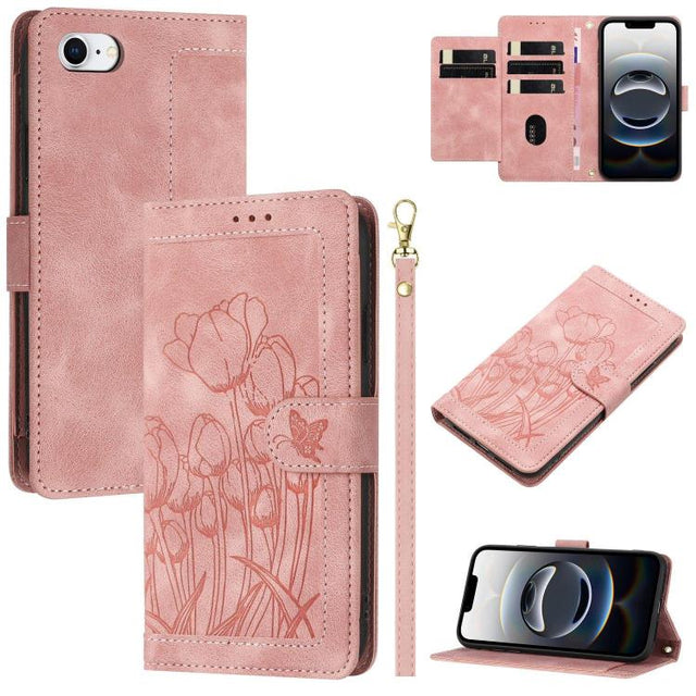 For iPhone 16e Tulips Embossed Leather Phone Case with Lanyard(Pink)