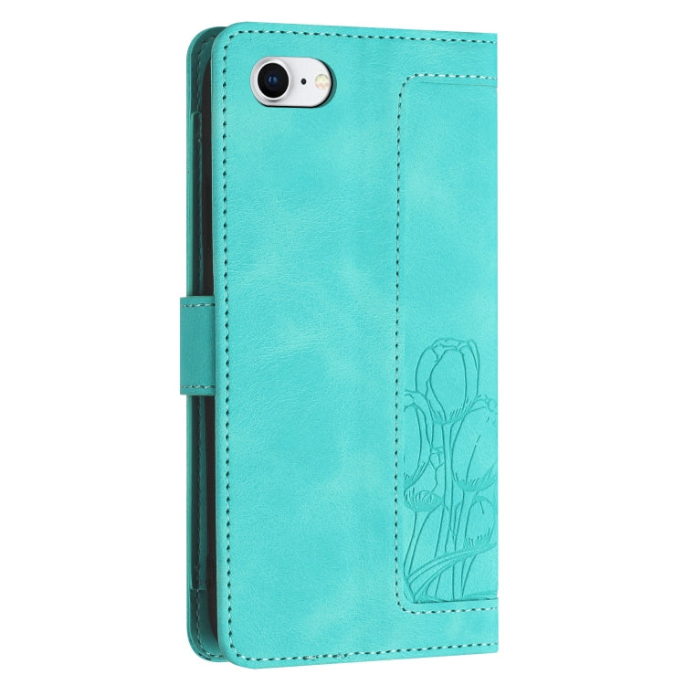 For iPhone 16e Tulips Embossed Leather Phone Case with Lanyard(Green) - iPhone 16e Cases by PMC TechLife | Online Shopping South Africa | PMC TechLife | Buy Now Pay Later Mobicred