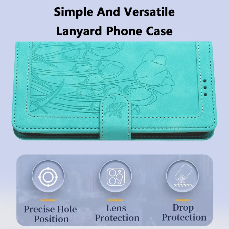 For iPhone 16e Tulips Embossed Leather Phone Case with Lanyard(Green) - iPhone 16e Cases by PMC TechLife | Online Shopping South Africa | PMC TechLife | Buy Now Pay Later Mobicred