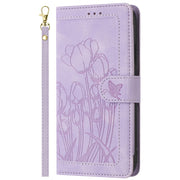 For iPhone 16e Tulips Embossed Leather Phone Case with Lanyard(Purple)