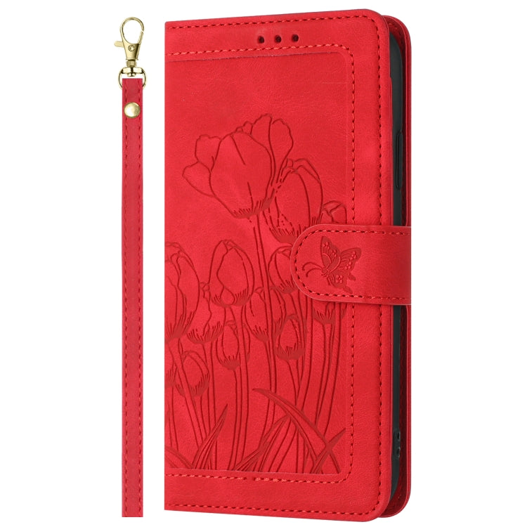 For iPhone 16e Tulips Embossed Leather Phone Case with Lanyard(Red) - iPhone 16e Cases by PMC TechLife | Online Shopping South Africa | PMC TechLife | Buy Now Pay Later Mobicred