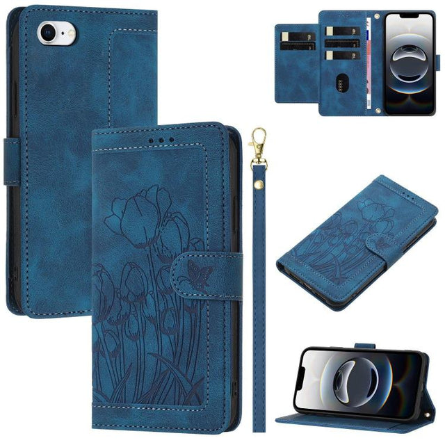 For iPhone 16e Tulips Embossed Leather Phone Case with Lanyard(Blue)