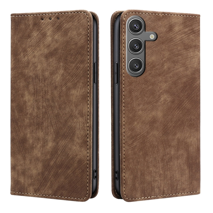 For Samsung Galaxy S25 5G RFID Anti-theft Brush Magnetic Leather Phone Case(Brown) - Galaxy S25 5G Cases by PMC TechLife | Online Shopping South Africa | PMC TechLife | Buy Now Pay Later Mobicred