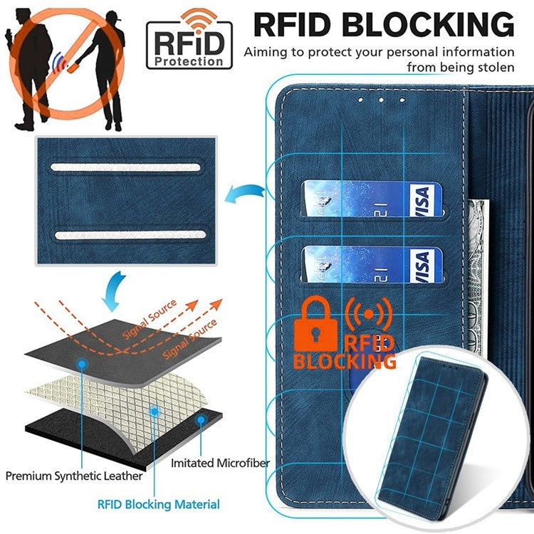 For Samsung Galaxy S25 5G RFID Anti-theft Brush Magnetic Leather Phone Case(Blue)