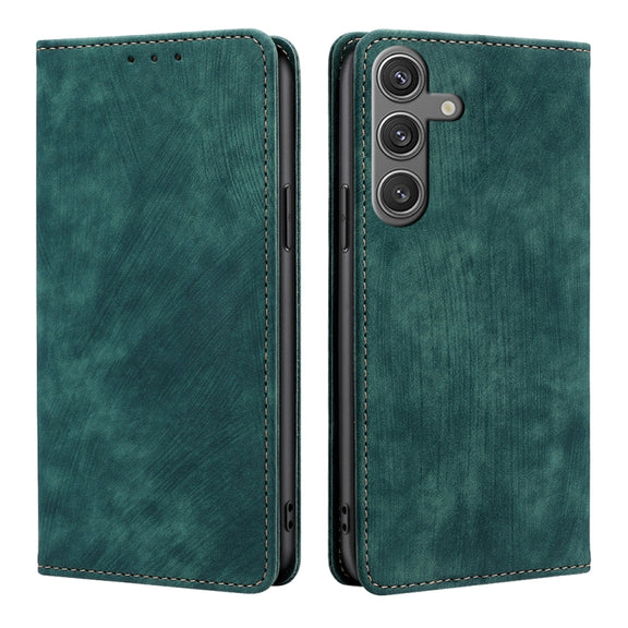 For Samsung Galaxy S25 5G RFID Anti-theft Brush Magnetic Leather Phone Case(Green)