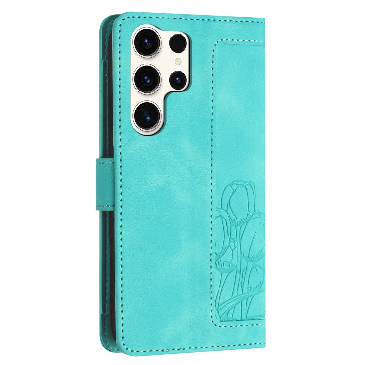 For Samsung Galaxy S25 Ultra 5G Tulips Embossed Leather Phone Case with Lanyard(Green) - Galaxy S25 Ultra 5G Cases by PMC Jewellery | Online Shopping South Africa | PMC Jewellery | Buy Now Pay Later Mobicred