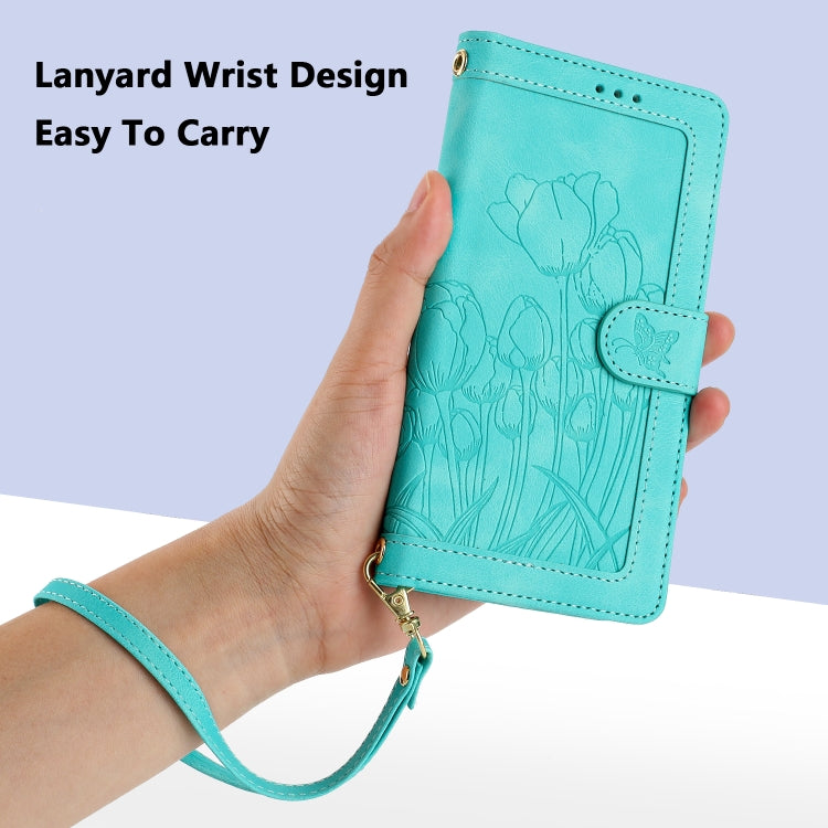 For Samsung Galaxy S25 Ultra 5G Tulips Embossed Leather Phone Case with Lanyard(Green) - Galaxy S25 Ultra 5G Cases by PMC Jewellery | Online Shopping South Africa | PMC Jewellery | Buy Now Pay Later Mobicred