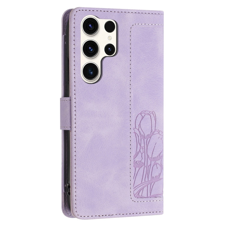 For Samsung Galaxy S25 Ultra 5G Tulips Embossed Leather Phone Case with Lanyard(Purple) - Galaxy S25 Ultra 5G Cases by PMC Jewellery | Online Shopping South Africa | PMC Jewellery | Buy Now Pay Later Mobicred