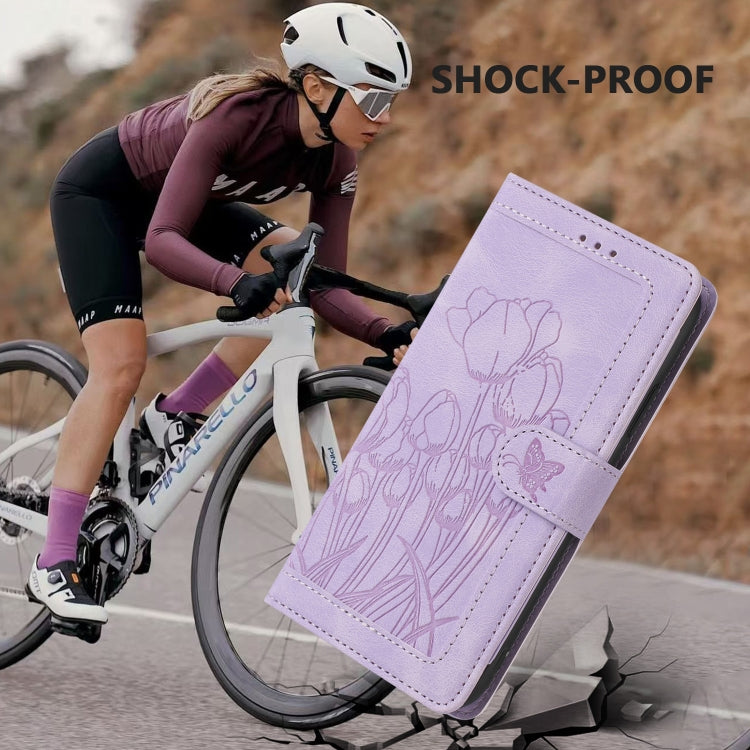 For Samsung Galaxy S25 Ultra 5G Tulips Embossed Leather Phone Case with Lanyard(Purple) - Galaxy S25 Ultra 5G Cases by PMC Jewellery | Online Shopping South Africa | PMC Jewellery | Buy Now Pay Later Mobicred