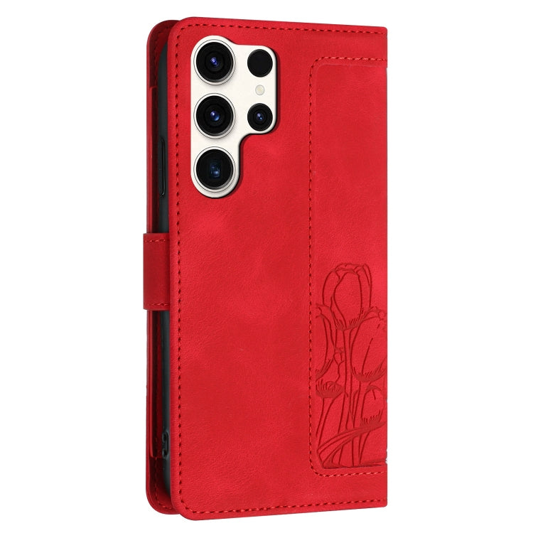 For Samsung Galaxy S25 Ultra 5G Tulips Embossed Leather Phone Case with Lanyard(Red) - Galaxy S25 Ultra 5G Cases by PMC Jewellery | Online Shopping South Africa | PMC Jewellery | Buy Now Pay Later Mobicred