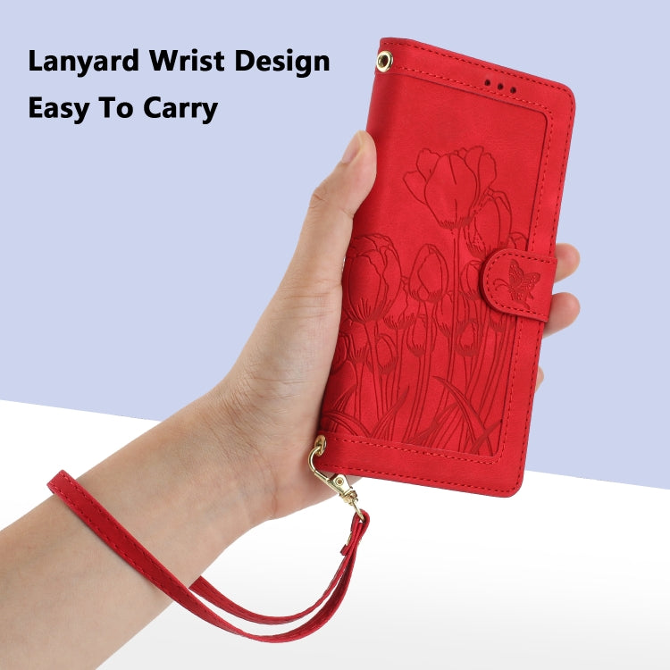 For Samsung Galaxy S25 Ultra 5G Tulips Embossed Leather Phone Case with Lanyard(Red) - Galaxy S25 Ultra 5G Cases by PMC Jewellery | Online Shopping South Africa | PMC Jewellery | Buy Now Pay Later Mobicred