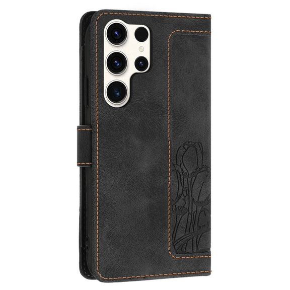 For Samsung Galaxy S25 Ultra 5G Tulips Embossed Leather Phone Case with Lanyard(Black)