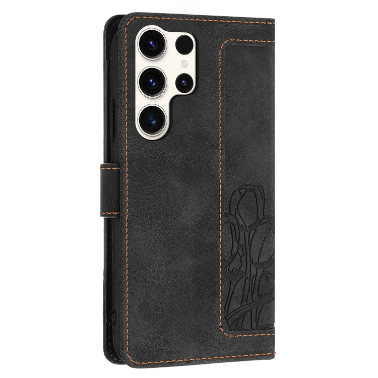 For Samsung Galaxy S25 Ultra 5G Tulips Embossed Leather Phone Case with Lanyard(Black)