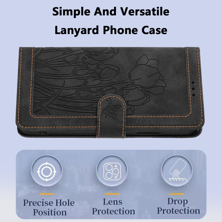 For Samsung Galaxy S25 Ultra 5G Tulips Embossed Leather Phone Case with Lanyard(Black)