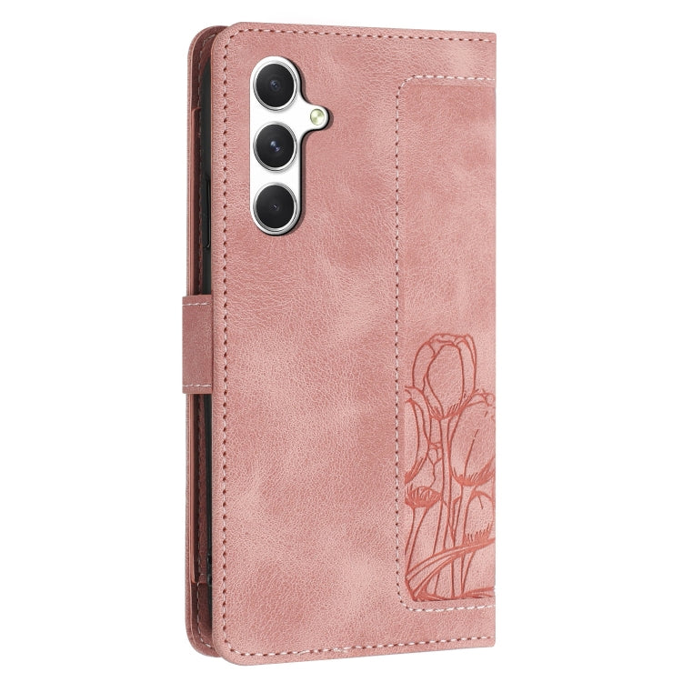 For Samsung Galaxy S25+ 5G Tulips Embossed Leather Phone Case with Lanyard(Pink)