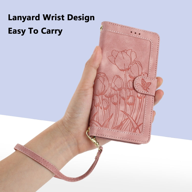 For Samsung Galaxy S25+ 5G Tulips Embossed Leather Phone Case with Lanyard(Pink) - free shipping - PMC Jewellery - Order now!