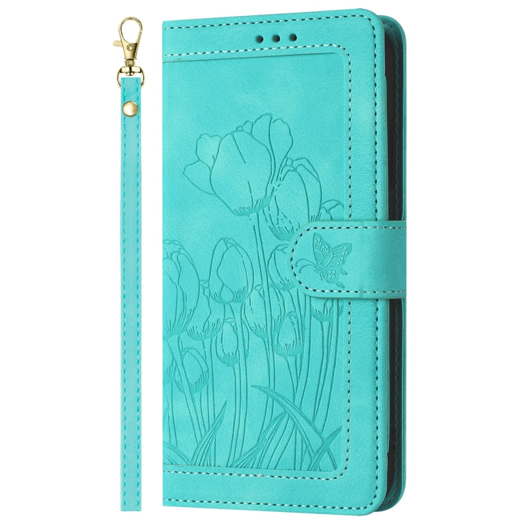 For Samsung Galaxy S25+ 5G Tulips Embossed Leather Phone Case with Lanyard(Green) - Galaxy S25+ 5G Cases by PMC Jewellery | Online Shopping South Africa | PMC Jewellery | Buy Now Pay Later Mobicred