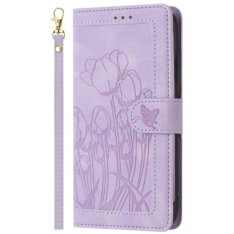 For Samsung Galaxy S25+ 5G Tulips Embossed Leather Phone Case with Lanyard(Purple) - Galaxy S25+ 5G Cases by PMC Jewellery | Online Shopping South Africa | PMC Jewellery | Buy Now Pay Later Mobicred