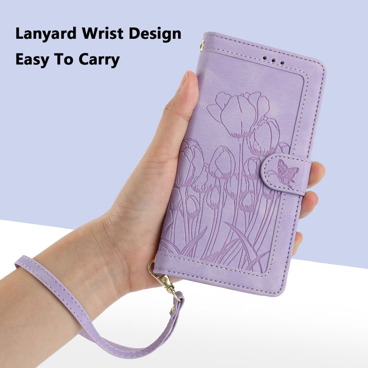 For Samsung Galaxy S25+ 5G Tulips Embossed Leather Phone Case with Lanyard(Purple) - Galaxy S25+ 5G Cases by PMC Jewellery | Online Shopping South Africa | PMC Jewellery | Buy Now Pay Later Mobicred