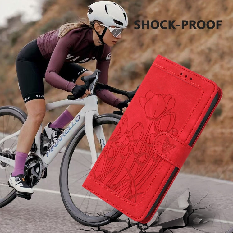 For Samsung Galaxy S25+ 5G Tulips Embossed Leather Phone Case with Lanyard(Red) - Galaxy S25+ 5G Cases by PMC Jewellery | Online Shopping South Africa | PMC Jewellery | Buy Now Pay Later Mobicred