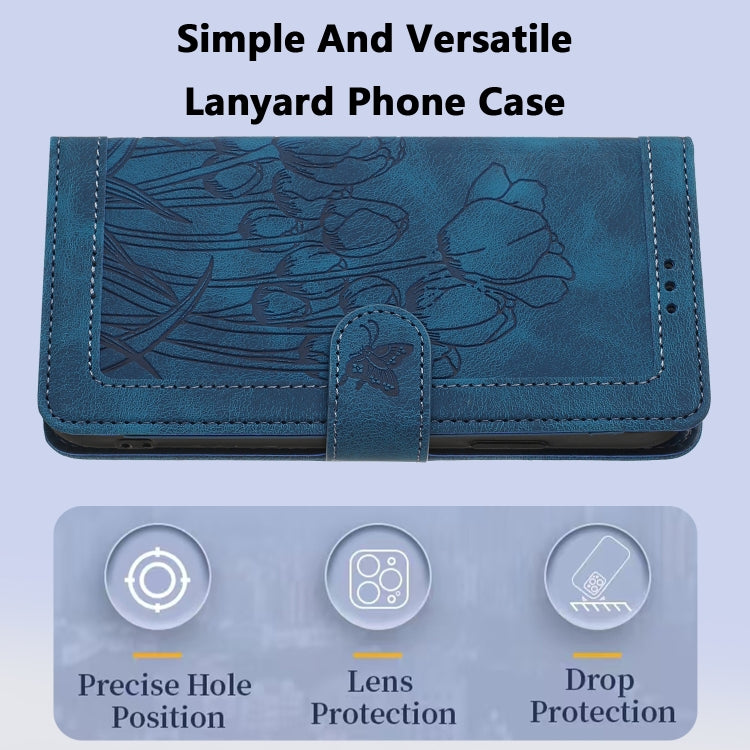 For Samsung Galaxy S25+ 5G Tulips Embossed Leather Phone Case with Lanyard(Blue) - Galaxy S25+ 5G Cases by PMC Jewellery | Online Shopping South Africa | PMC Jewellery | Buy Now Pay Later Mobicred