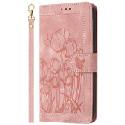 For Samsung Galaxy S25 5G Tulips Embossed Leather Phone Case with Lanyard(Pink)
