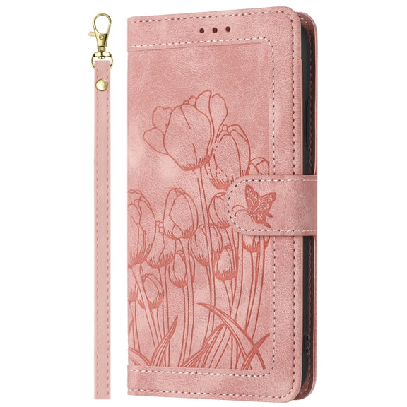 For Samsung Galaxy S25 5G Tulips Embossed Leather Phone Case with Lanyard(Pink)