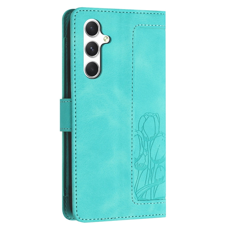 For Samsung Galaxy S25 5G Tulips Embossed Leather Phone Case with Lanyard(Green) - Galaxy S25 5G Cases by PMC Jewellery | Online Shopping South Africa | PMC Jewellery | Buy Now Pay Later Mobicred