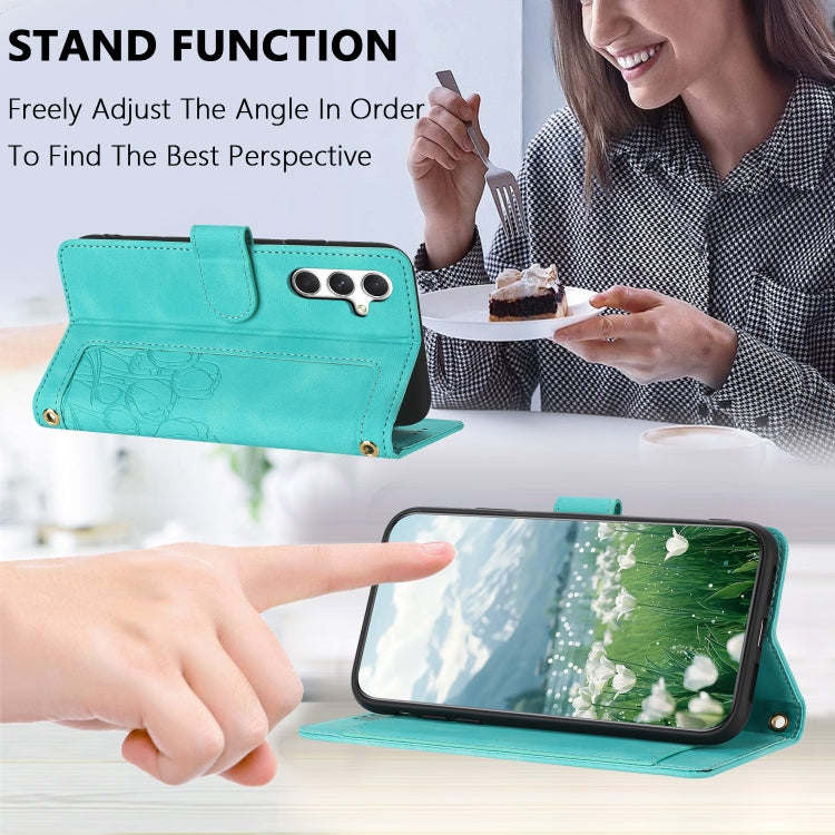 For Samsung Galaxy S25 5G Tulips Embossed Leather Phone Case with Lanyard(Green) - Galaxy S25 5G Cases by PMC Jewellery | Online Shopping South Africa | PMC Jewellery | Buy Now Pay Later Mobicred