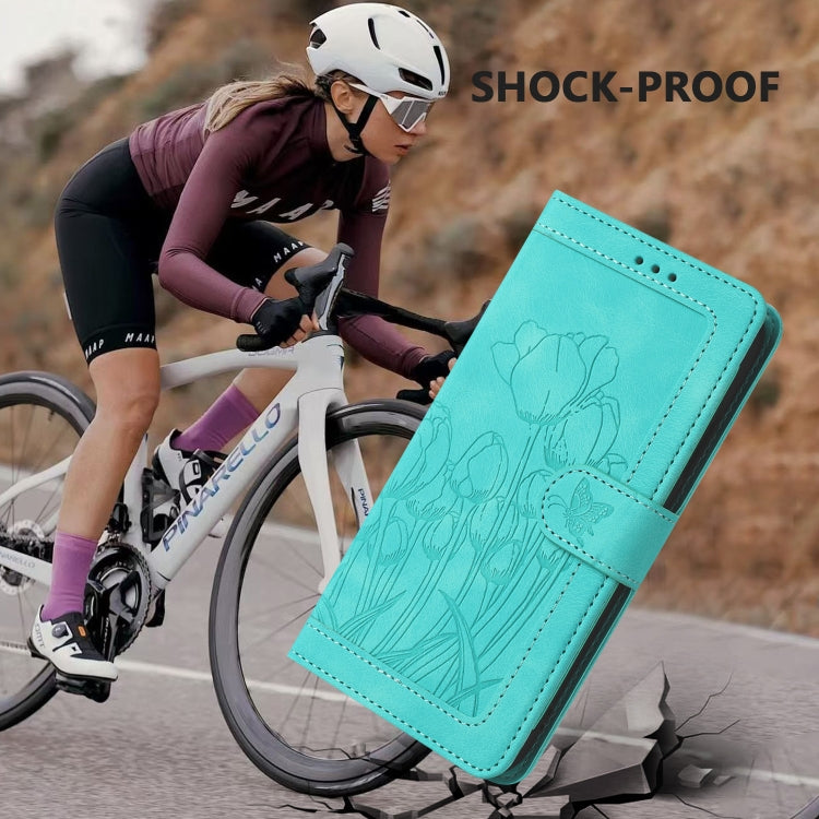 For Samsung Galaxy S25 5G Tulips Embossed Leather Phone Case with Lanyard(Green) - Galaxy S25 5G Cases by PMC Jewellery | Online Shopping South Africa | PMC Jewellery | Buy Now Pay Later Mobicred