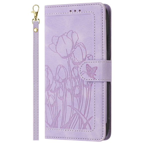 For Samsung Galaxy S25 5G Tulips Embossed Leather Phone Case with Lanyard(Purple)