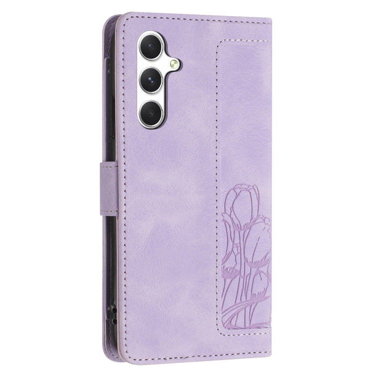 For Samsung Galaxy S25 5G Tulips Embossed Leather Phone Case with Lanyard(Purple)