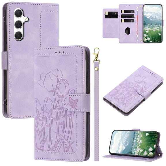 For Samsung Galaxy S25 5G Tulips Embossed Leather Phone Case with Lanyard(Purple)