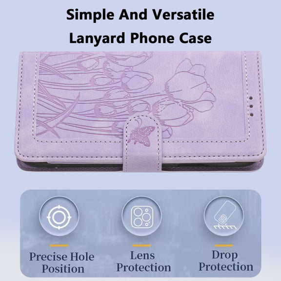For Samsung Galaxy S25 5G Tulips Embossed Leather Phone Case with Lanyard(Purple)