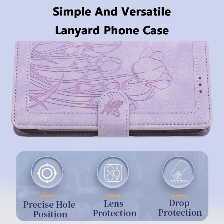 For Samsung Galaxy S25 5G Tulips Embossed Leather Phone Case with Lanyard(Purple)