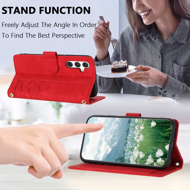 For Samsung Galaxy S25 5G Tulips Embossed Leather Phone Case with Lanyard(Red) - Galaxy S25 5G Cases by PMC Jewellery | Online Shopping South Africa | PMC Jewellery | Buy Now Pay Later Mobicred