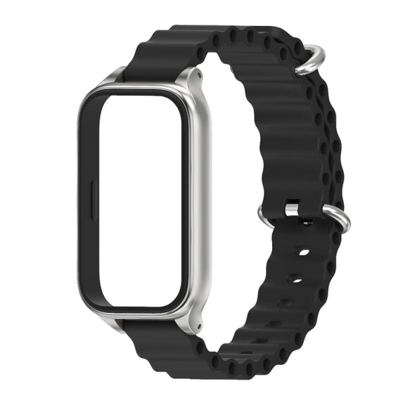 For Xiaomi Smart Band 9 Active / Redmi Band 3 Mijobs Metal Shell Marine Silicone Watch Band(Black Silver)