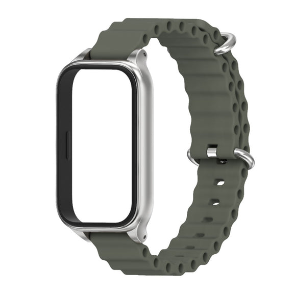 For Xiaomi Smart Band 9 Active / Redmi Band 3 Mijobs Metal Shell Marine Silicone Watch Band(khaki Grey Silver)