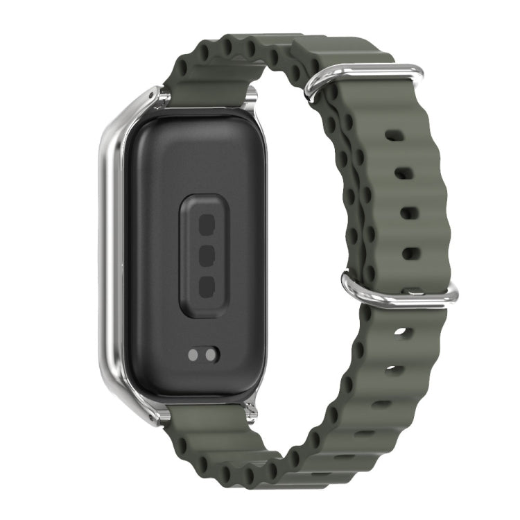 For Xiaomi Smart Band 9 Active / Redmi Band 3 Mijobs Metal Shell Marine Silicone Watch Band(khaki Grey Silver)