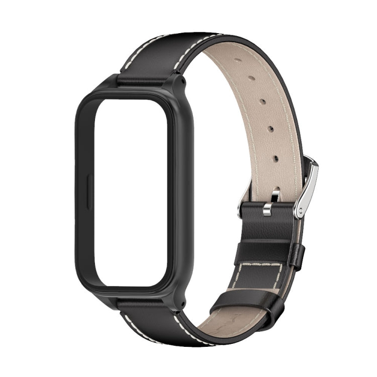 For Xiaomi Smart Band 9 Active / Redmi Band 3 Mijobs Metal Shell Genuine Leather Watch Band(Black) - Watch Bands by MIJOBS | Online Shopping South Africa | PMc TechLife | Buy Now Pay Later Mobicred
