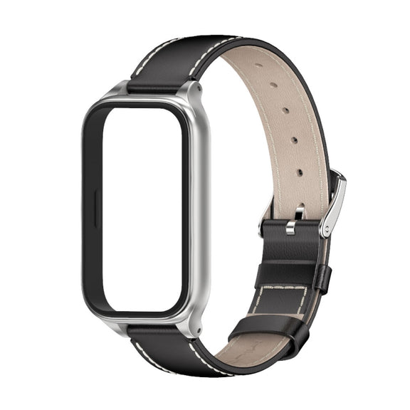 For Xiaomi Smart Band 9 Active / Redmi Band 3 Mijobs Metal Shell Genuine Leather Watch Band(Black Silver)