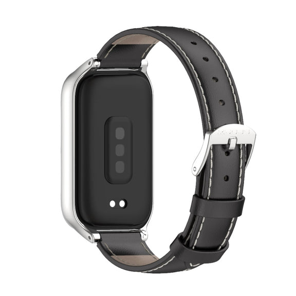 For Xiaomi Smart Band 9 Active / Redmi Band 3 Mijobs Metal Shell Genuine Leather Watch Band(Black Silver)
