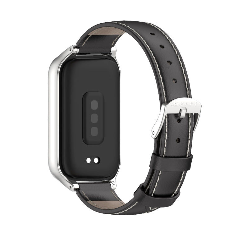 For Xiaomi Smart Band 9 Active / Redmi Band 3 Mijobs Metal Shell Genuine Leather Watch Band(Black Silver)