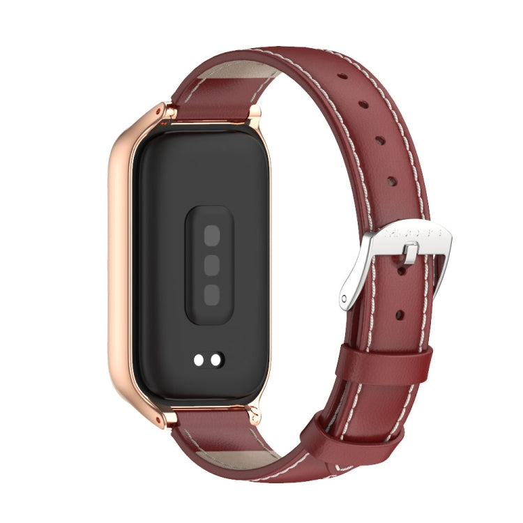 For Xiaomi Smart Band 9 Active / Redmi Band 3 Mijobs Metal Shell Genuine Leather Watch Band(Red Rose Gold)